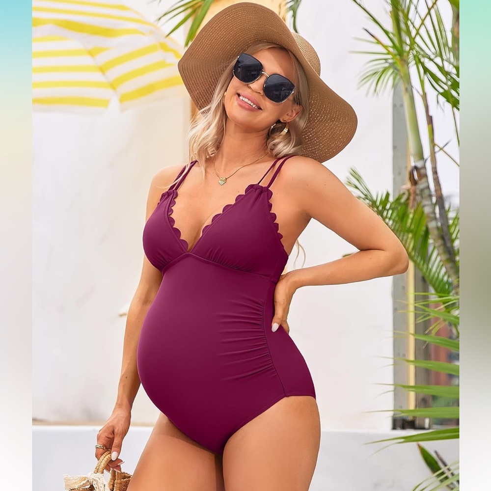 🚘Women's Scalloped One Piece Swimsuit wine red maternity V neck rushed tie back - Picture 5 of 14